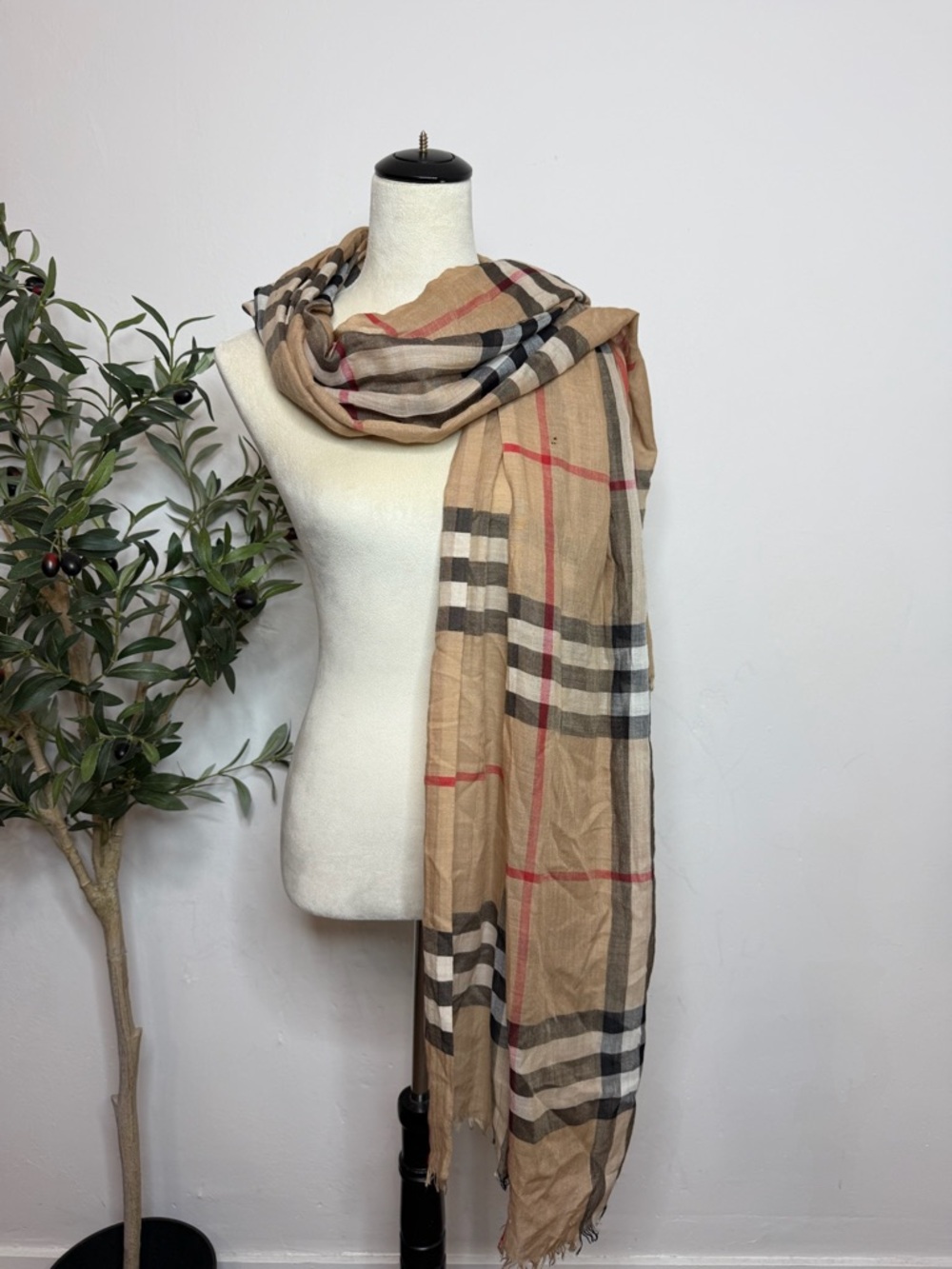 Burberry Tan Plaid Cotton-Blend Scarf with Red & Black Stripes